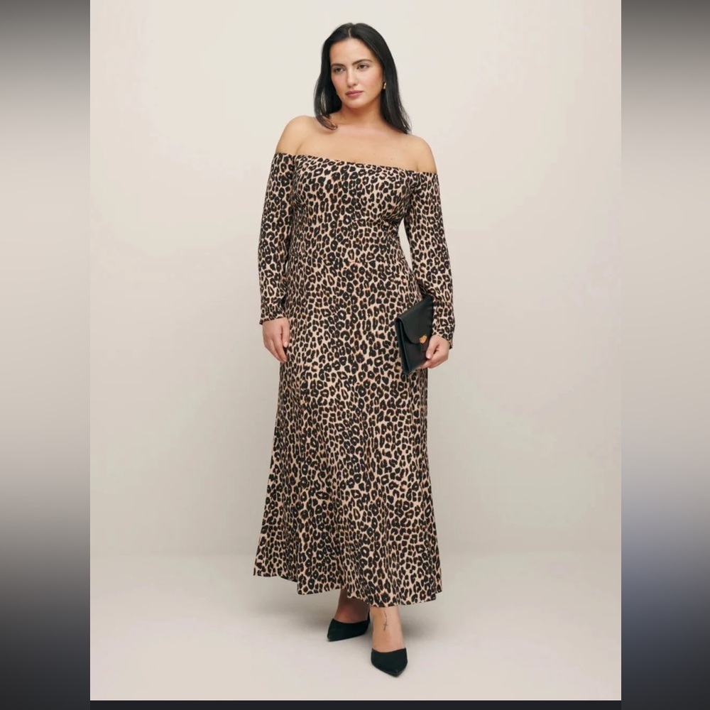 Reformation Animal Print Off-Shoulder Midi Dress